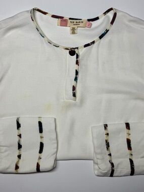Ted Baker London White Blouse Women’s 2 Multicolor Trim Long Sleeve